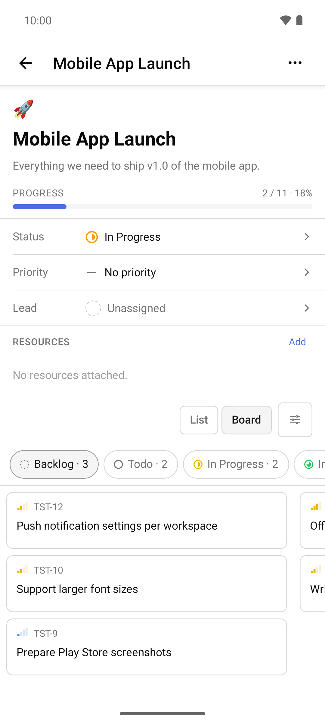 Project with progress and Kanban board
