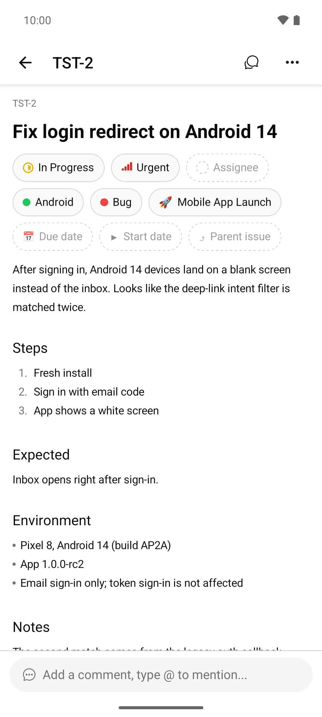 Issue detail with status, priority, labels and description