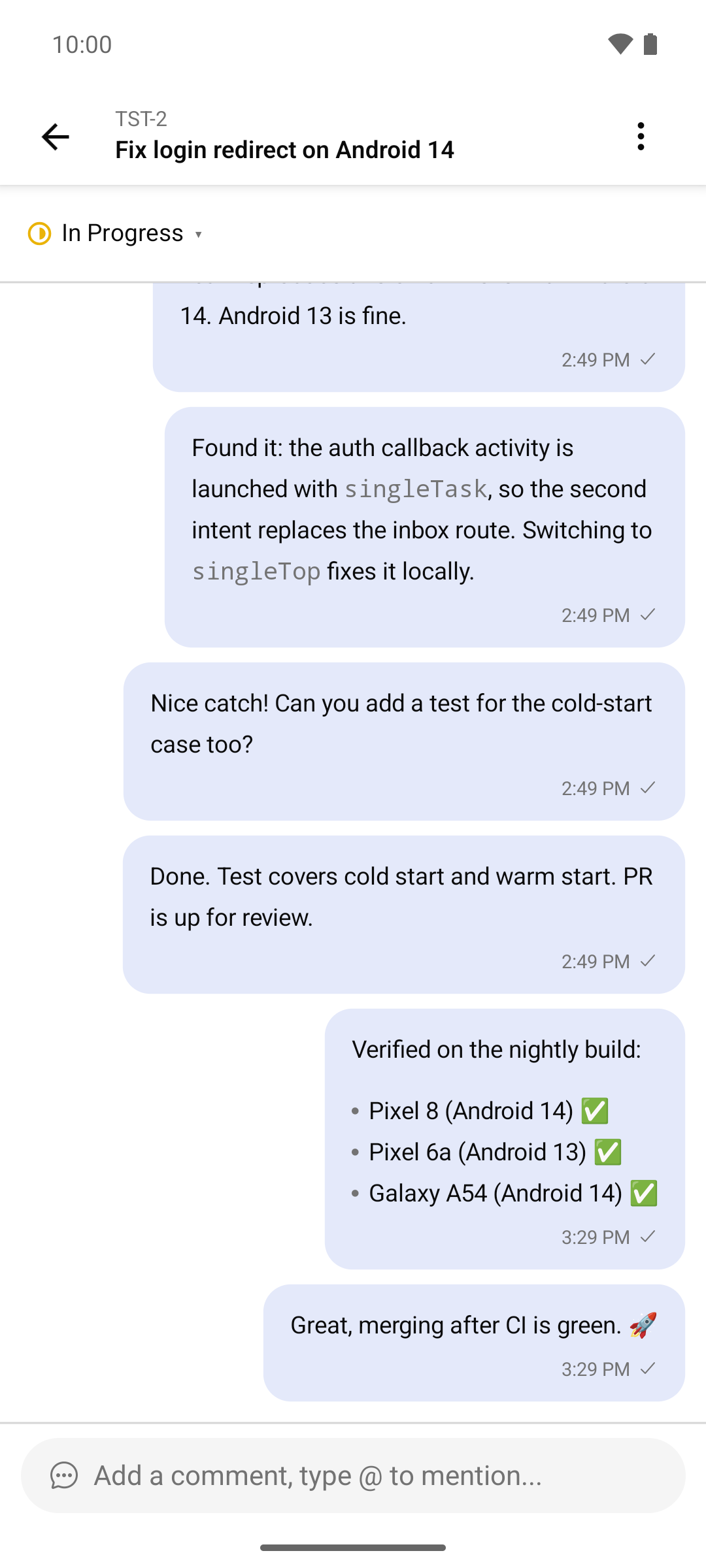 Chat-style view of an issue timeline