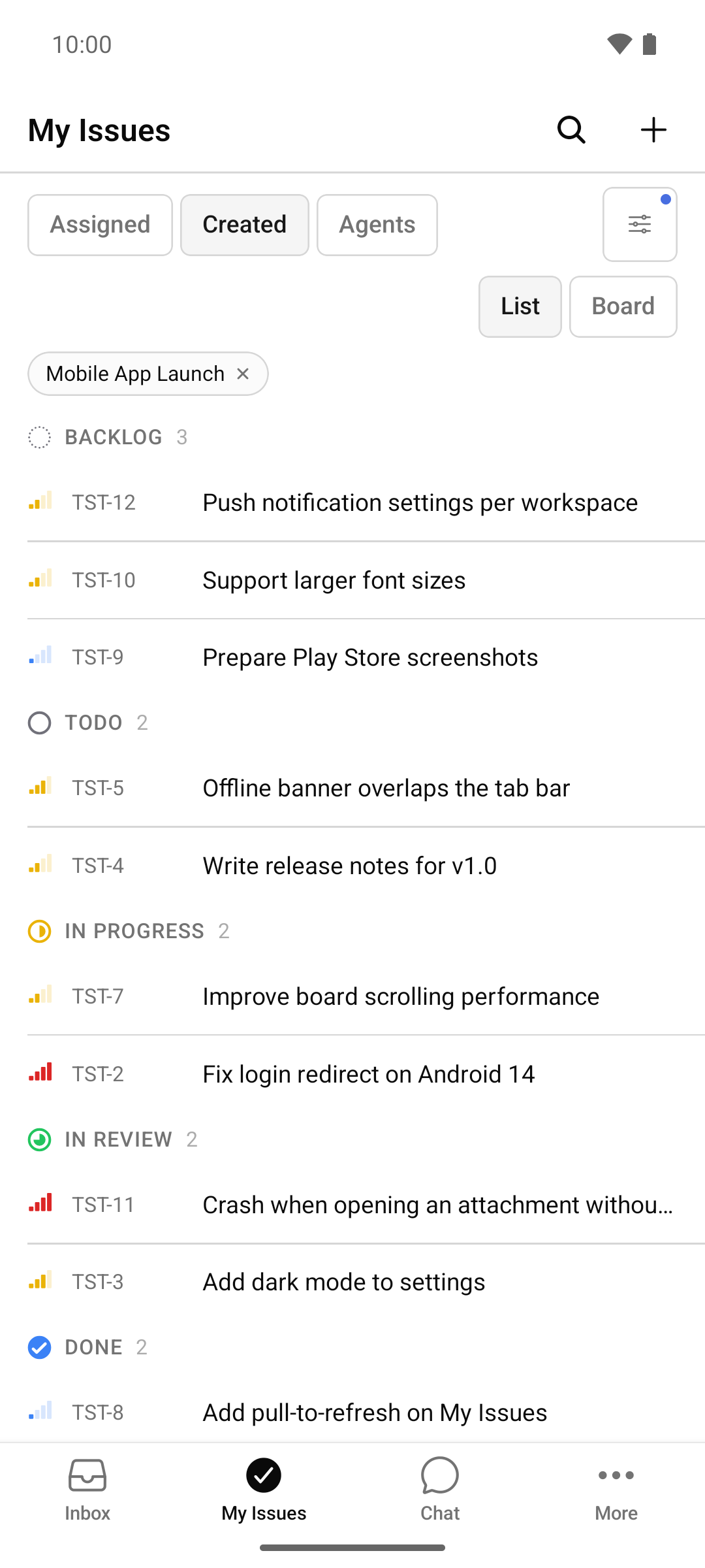 My Issues list grouped by status